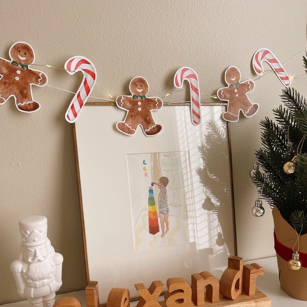 Christmas Gingerbread Man Printable Garland, Watercolor Candy Cane, DIY Decoration, Digital Download Banner, Kids Room Decor, Paper Ornament