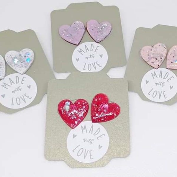Resin coated wooden heart stud earrings on silver plate posts | Valentines earrings | Valentine heart stud earring gift