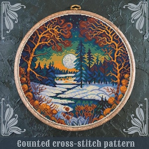 Winter cross stitch pattern, Art Nouveau cross stitch, Sky cross stitch, Forest cross stitch, Retro cross stitch, Scenery cross stitch