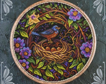 Art Nouveau cross stitch pattern, Bird cross stitch, Retro cross stitch, Floral cross stitch, Forest animal cross stitch