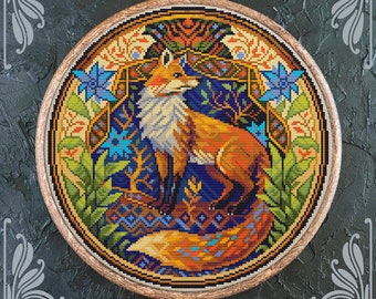 May include: Counted cross-stitch pattern of a fox in a colorful, intricate design. The fox is surrounded by flowers and foliage, with a blue and gold background. The pattern is framed in a wooden hoop.