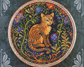 Cat cross stitch pattern, Art Nouveau cross stitch, Kitten cross stitch, Retro cross stitch, Floral cross stitch, Flower cross stitch