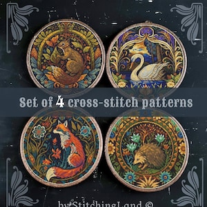 May include: Set of four cross-stitch patterns featuring a squirrel, swan, fox, and hedgehog in a woodland setting. Each pattern is framed in a circular design with intricate details.
