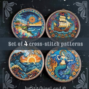 Set of 4 cross stitch patterns, Lighthouse cross stitch, Nautical cross stitch, Mermaid cross stitch, Ocean cross stitch