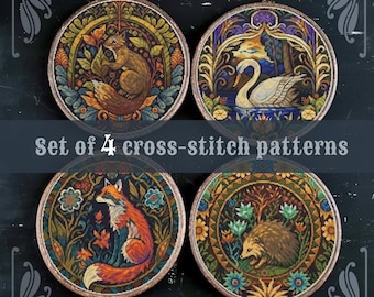 Set of 4 cross stitch pattern, Fox cross stitch, Squirrel cross stitch, Swan cross stitch, Forest animal cross stitch, Hedgehog cross stitch