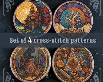 Set of 4 cross stitch patterns, Witchy cross stitch, Moon cross stitch, Halloween cross stitch, Gothic cross stitch, Occult cross stitch