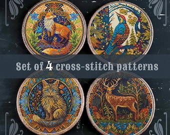 Set of 4 cross stitch pattern, Fox cross stitch, Cat cross stitch, Deer cross stitch, Art Nouveau cross stitch, Woodland animal cross stitch
