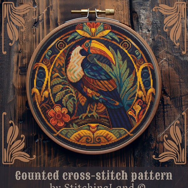 Retro cross stitch pattern, Toucan cross stitch, Art Nouveau cross stitch, Jungle cross stitch, Bird cross stitch, Floral cross stitch