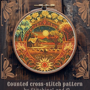 Fall cross stitch, Art Nouveau cross stitch pattern, Farm cross stitch, Village cross stitch, Autumn cross stitch, Scenery cross stitch