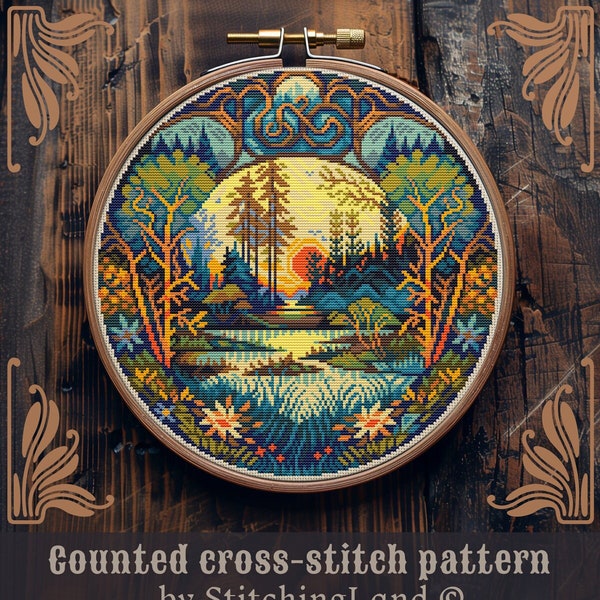 Art Nouveau cross stitch pattern, Forest cross stitch, Retro cross stitch, Hiking cross stitch, Floral cross stitch, Scenery cross stitch