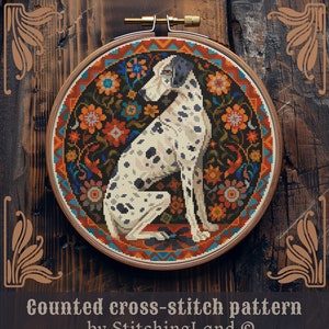 May include: Counted cross-stitch pattern of a white dalmatian dog with black spots sitting on a colorful floral patterned background. The pattern is in a round embroidery hoop.