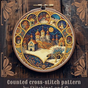 Town cross stitch pattern, Art Nouveau cross stitch, Christmas cross stitch, Church cross stitch, Christian cross stitch