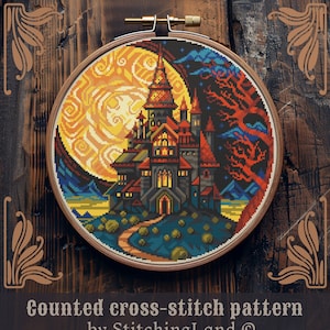 May include: Counted cross-stitch pattern of a dark castle with a yellow moon and red trees in the background. The pattern is framed in a wooden hoop.