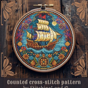 Kreuzstichmuster im Jugendstil, Segelboot Kreuzstich, Pirate Kreuzstich, See Kreuzstich, Retro Kreuzstich, Nautischer Kreuzstich