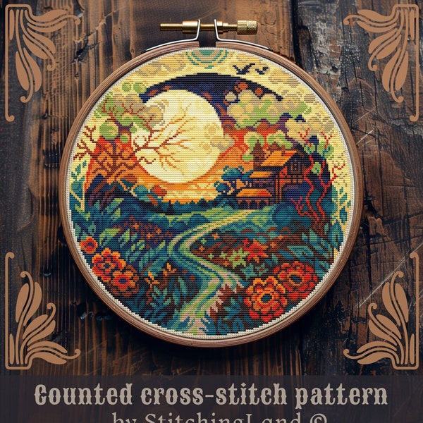 Art Nouveau cross stitch pattern, Fall cross stitch, Village cross stitch, Retro cross stitch, Scenery cross stitch