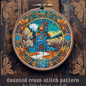 Castle cross stitch pattern, Art Nouveau cross stitch, Fantasy cross stitch, Medieval cross stitch, Moon cross stitch, Scenery cross stitch