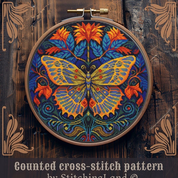 Moth cross stitch pattern, Art Nouveau cross stitch, Butterfly cross stitch, Retro cross stitch, Floral cross stitch, Flower cross stitch