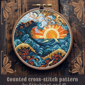 May include: Counted cross-stitch pattern of a sunset over the ocean with waves and clouds. The pattern is in a round wooden embroidery hoop.