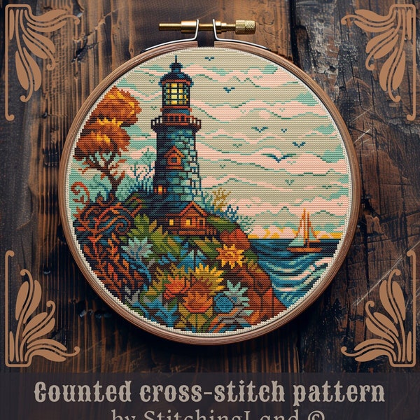 Lighthouse cross stitch pattern, Art cross stitch, Retro cross stitch, Nautical cross stitch, Coastal cross stitch, Scenery cross stitch