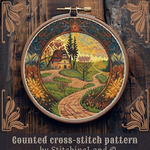 Art Nouveau cross stitch pattern, Fall cross stitch, House cross stitch, Village cross stitch, Retro cross stitch, Scenery cross stitch