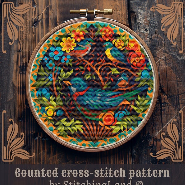 Art Nouveau cross stitch pattern, Bird cross stitch, Flower cross stitch, Floral cross stitch, Retro cross stitch, Modern cross stitch