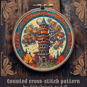 Castle cross stitch pattern, Art Nouveau cross stitch, Fantasy cross stitch, Medieval cross stitch, Retro cross stitch, Scenery cross stitch