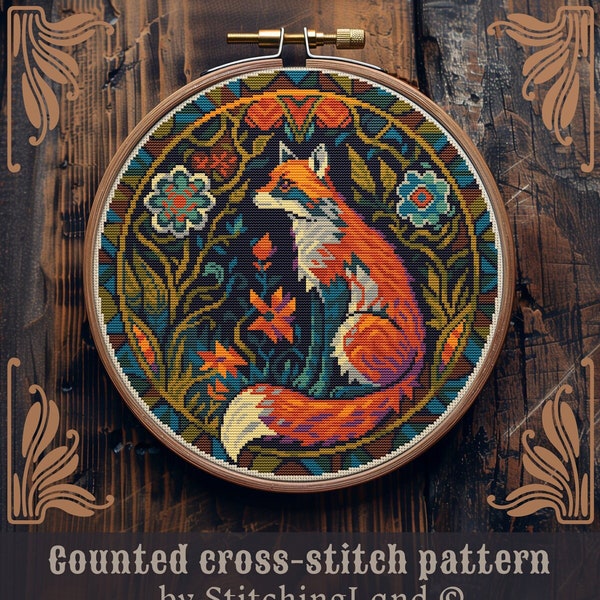 Fox cross stitch pattern, Art Nouveau cross stitch, Forest animal cross stitch, Woodland animal cross stitch, Wild animal cross stitch