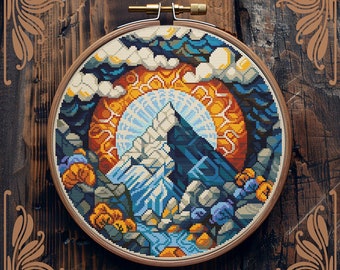 Art Nouveau cross stitch pattern, Mountain cross stitch, Retro cross stitch, Hiking cross stitch, Sky cross stitch, Scenery cross stitch