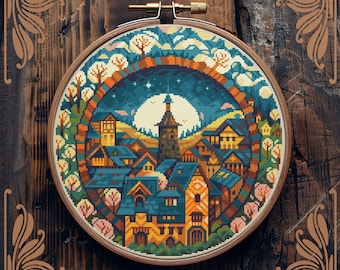 Art Nouveau cross stitch pattern, Town cross stitch, Moon cross stitch, Retro cross stitch, Medieval cross stitch, Scenery cross stitch