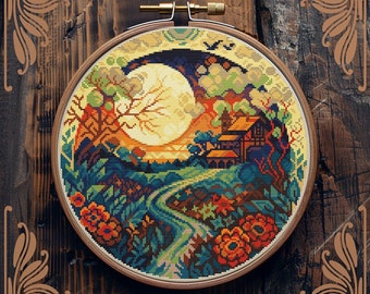Art Nouveau cross stitch pattern, Fall cross stitch, Village cross stitch, Retro cross stitch, Scenery cross stitch