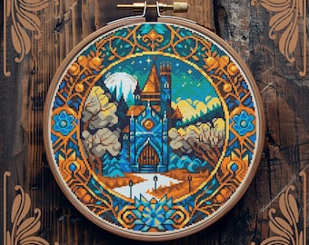 Castle cross stitch pattern, Art Nouveau cross stitch, Fantasy cross stitch, Medieval cross stitch, Moon cross stitch, Scenery cross stitch