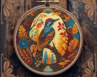 Fall cross stitch pattern, Woodpecker cross stitch, Art Nouveau cross stitch, Autumn cross stitch, Retro cross stitch