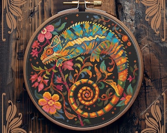 Chameleon cross stitch pattern, Art Nouveau cross stitch, Floral cross stitch, Retro cross stitch, Wild animal cross stitch