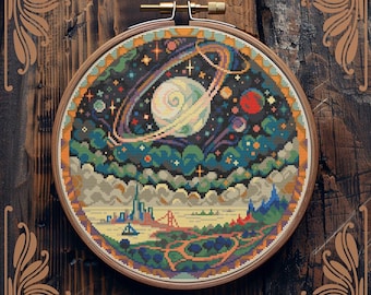 Schema punto croce spazio, punto croce Art Nouveau, punto croce galassia, punto croce luna, punto croce cielo, punto croce paesaggio