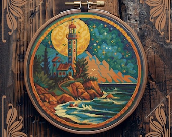 Modèle de point de croix phare, point de croix Art nouveau, point de croix lune, point de croix nautique, point de croix rétro paysage point de croix