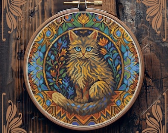 Cat cross stitch pattern, Art Nouveau cross stitch, Kitten cross stitch, Retro cross stitch, Ornament cross stitch, Floral cross stitch