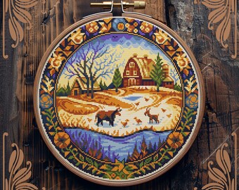 Art Nouveau cross stitch pattern, Winter cross stitch, Village cross stitch, Retro cross stitch, Farm cross stitch, Scenery cross stitch
