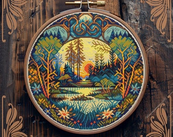 Art Nouveau cross stitch pattern, Forest cross stitch, Retro cross stitch, Hiking cross stitch, Floral cross stitch, Scenery cross stitch