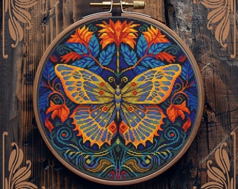 Moth cross stitch pattern, Art Nouveau cross stitch, Butterfly cross stitch, Retro cross stitch, Floral cross stitch, Flower cross stitch
