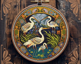 Art Nouveau cross stitch pattern, Stork cross stitch, Retro cross stitch, Bird cross stitch, Ornament cross stitch, Wild animal cross stitch