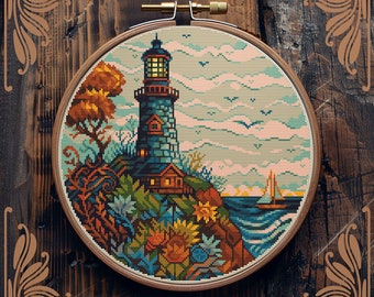 Leuchtturm Kreuzstichmuster, Kunst Kreuzstich, Retro Kreuzstich, Nautischer Kreuzstich, Küsten Kreuzstich, Landschaft Kreuzstich