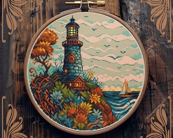 Lighthouse cross stitch pattern, Art cross stitch, Retro cross stitch, Nautical cross stitch, Coastal cross stitch, Scenery cross stitch