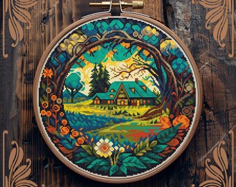 Art Nouveau cross stitch pattern, Village cross stitch, Floral cross stitch, Retro cross stitch, Flower cross stitch, Scenery cross stitch