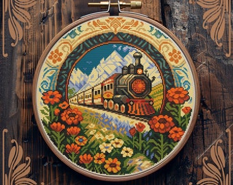 Art Nouveau cross stitch pattern, Train cross stitch, Retro cross stitch, Floral cross stitch, Flower cross stitch, Scenery cross stitch