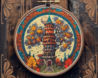 Castle cross stitch pattern, Art Nouveau cross stitch, Fantasy cross stitch, Medieval cross stitch, Retro cross stitch, Scenery cross stitch