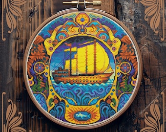 Art Nouveau cross stitch pattern, Sailboat cross stitch, Nautical cross stitch, Ocean cross stitch, Retro cross stitch, Sea cross stitch