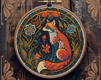 Fox cross stitch pattern, Art Nouveau cross stitch, Forest animal cross stitch, Woodland animal cross stitch, Wild animal cross stitch