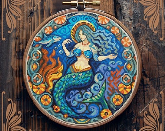 Meerjungfrau Kreuzstichmuster, Jugendstil Kreuzstich, Fisch Kreuzstich, Nautischer Kreuzstich, Ozean Kreuzstich, Meer Kreuzstich