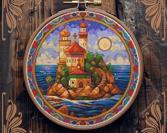 Art Nouveau cross stitch pattern, Town cross stitch, Lighthouse cross stitch, Christian cross stitch, Coastal cross stitch