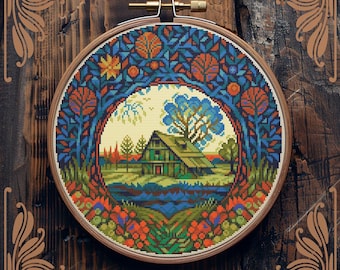 Art Nouveau cross stitch pattern, Village cross stitch, Floral cross stitch, Retro cross stitch, Flower cross stitch, Scenery cross stitch